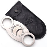 Mrs. Brog Stainless Steel Cigar Cutter With Back Protector - Round Ends - Leather Pouch - Guillotine Double Blade for a Precise Perfect Cut