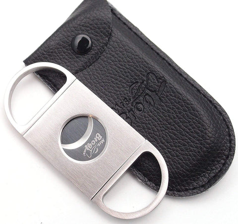 Mrs. Brog Stainless Steel Cigar Cutter With Back Protector - Round Ends - Leather Pouch - Guillotine Double Blade for a Precise Perfect Cut