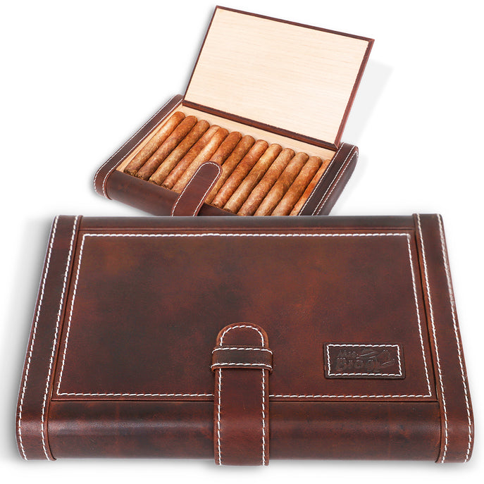 Leather Cigar Humidor Slim Box Cedar Wood 