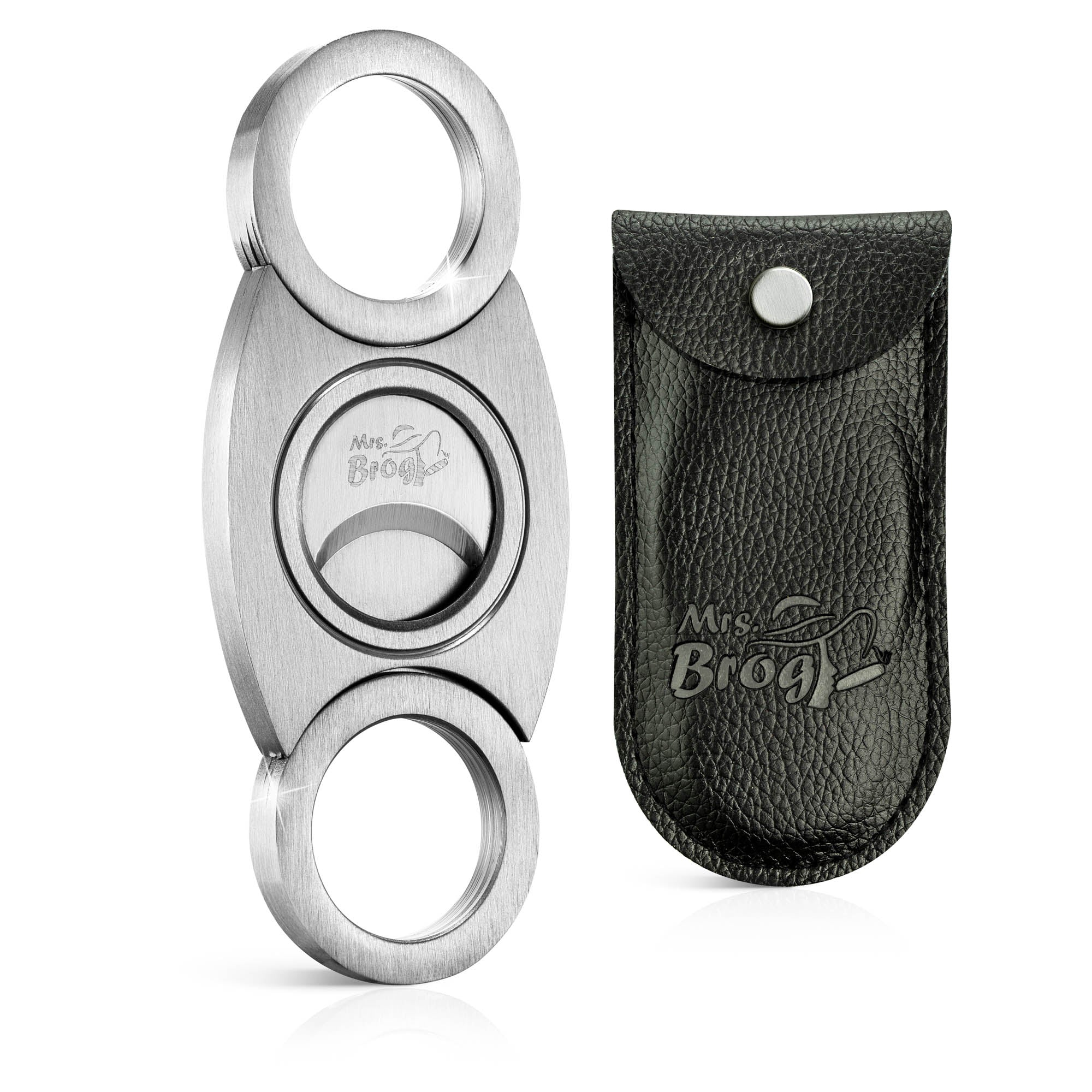 Mrs. Brog Stainless Steel Cigar Cutter With Back Protector - Round Ends - Leather Pouch - Guillotine Double Blade for a Precise Perfect Cut
