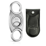 Mrs. Brog Stainless Steel Cigar Cutter With Back Protector - Round Ends - Leather Pouch - Guillotine Double Blade for a Precise Perfect Cut