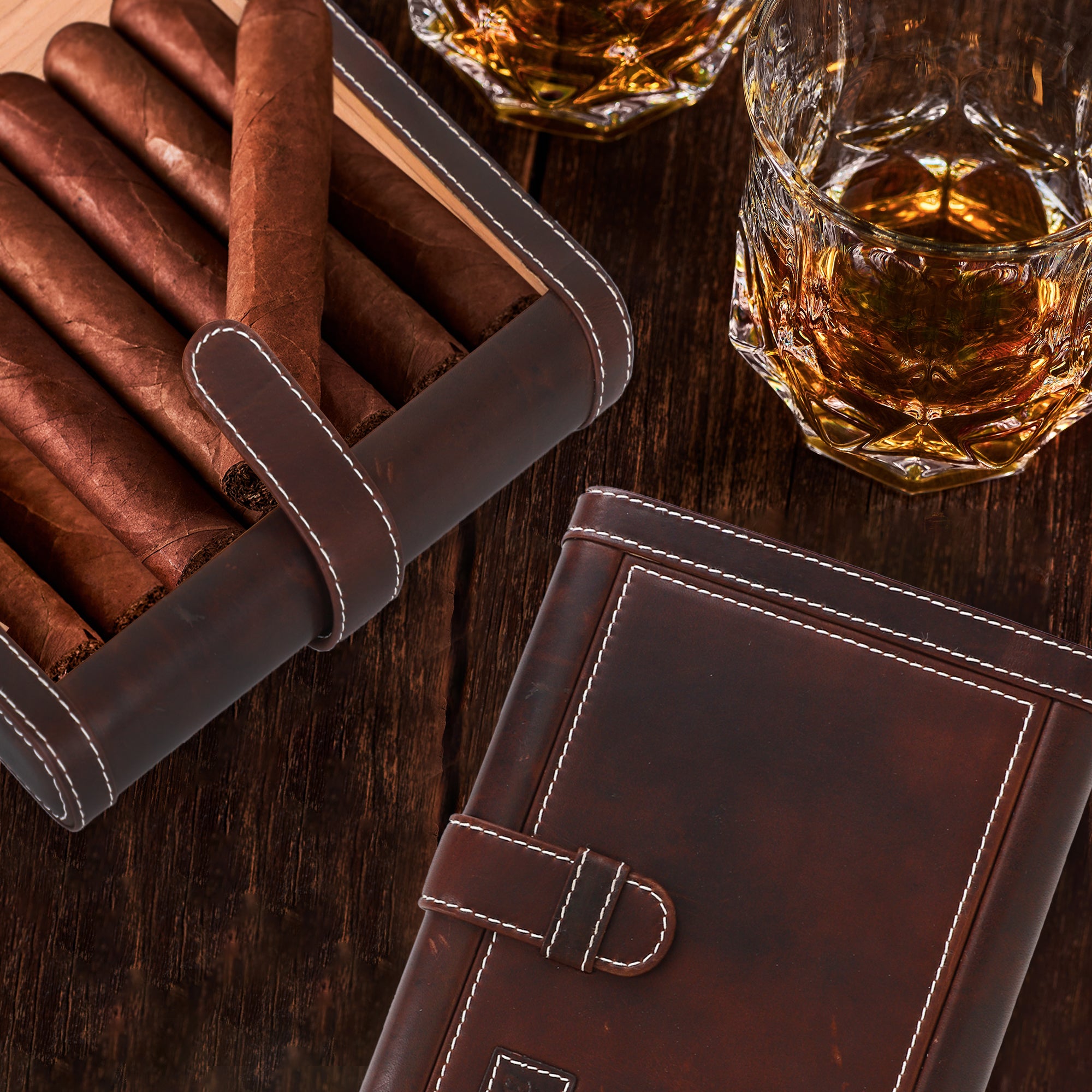 Leather Cigar Humidor Slim Box Cedar Wood for Travel or Desktop - Diesel Leather - [Brown Leather]