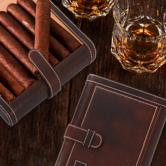 Leather Cigar Humidor Slim Box Cedar Wood for Travel or Desktop - Diesel Leather